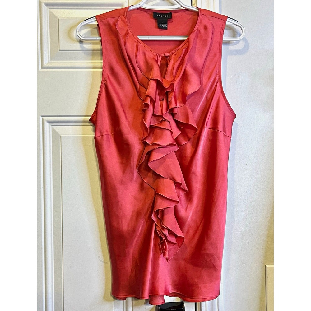 Spense Womens Large Coral Pink Satin Ruffle Front Tank Top Sleeveless Blouse L